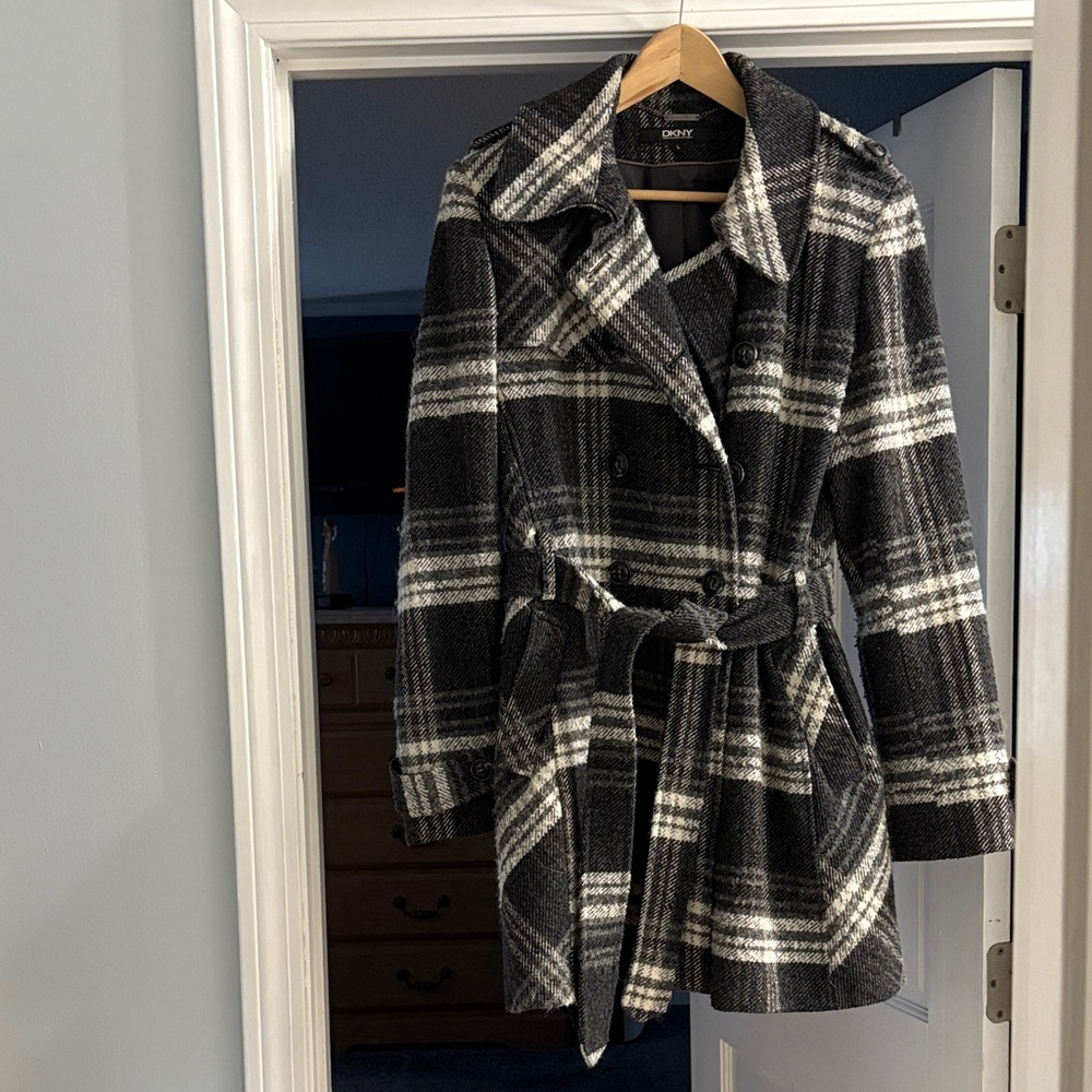 DKNY Black and White Plaid Trench Coat